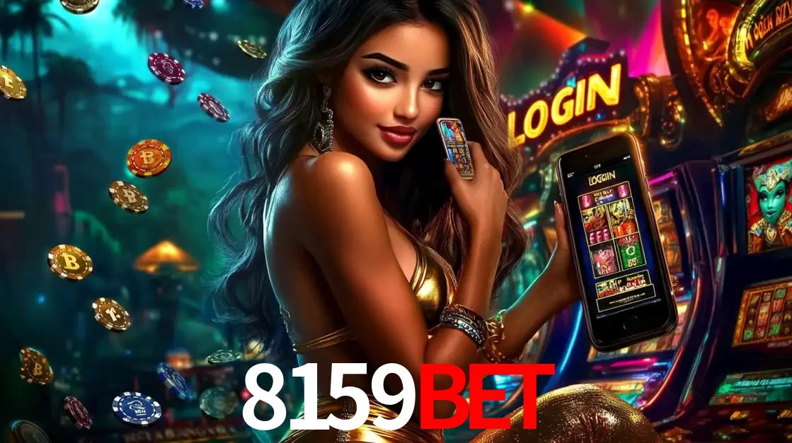 Mulher em um cenário de cassino temático de aventura, mostrando o app de caça-níqueis da 8159bet no celular. Fichas de apostas flutuam ao redor.