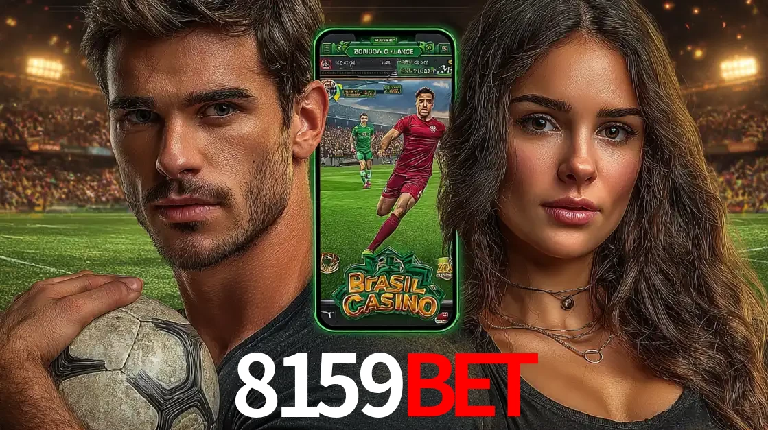 Homem segurando uma bola de futebol e uma mulher ao lado de um smartphone exibindo o jogo de apostas esportivas da 8159bet. Faça seu palpite no cassino online.